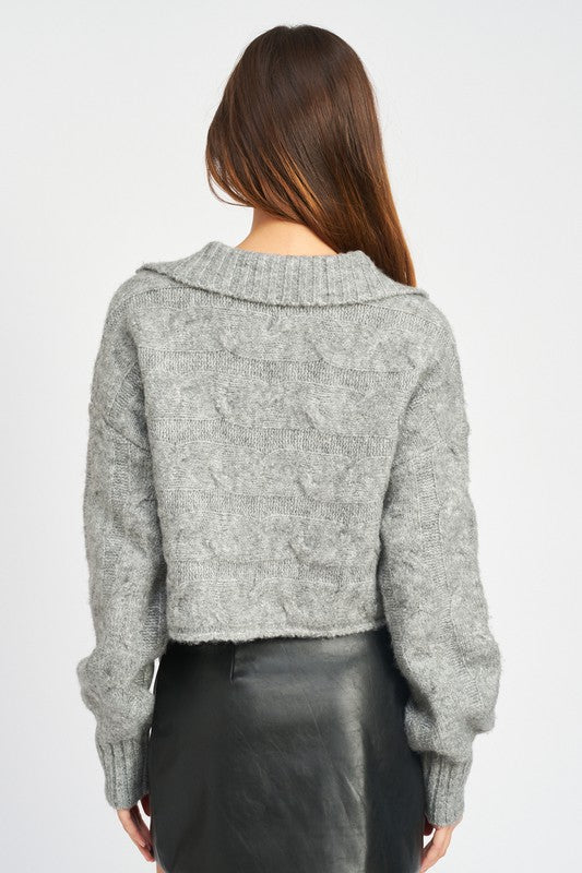 COLLARED CABLEKNIT BOXY SWEATER