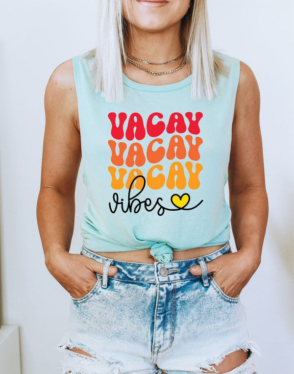 Stacked Vacay Vibes Graphic Flowy Muscle Tank