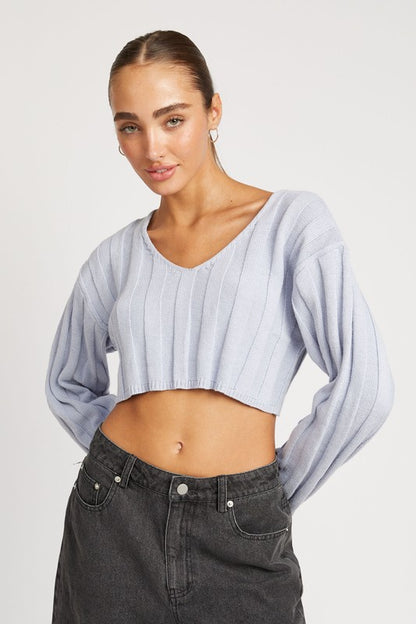 WIDE RIB LONG SLEEVE V NECK TOP