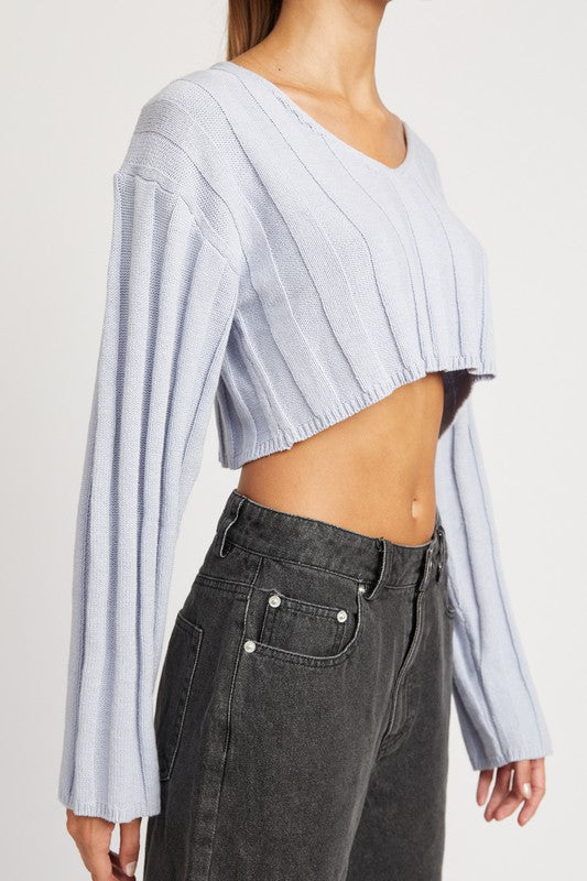 WIDE RIB LONG SLEEVE V NECK TOP