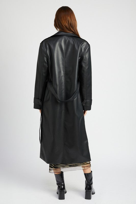 BELTED FAUX LEATHER COAT