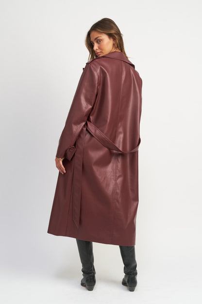 BELTED FAUX LEATHER COAT