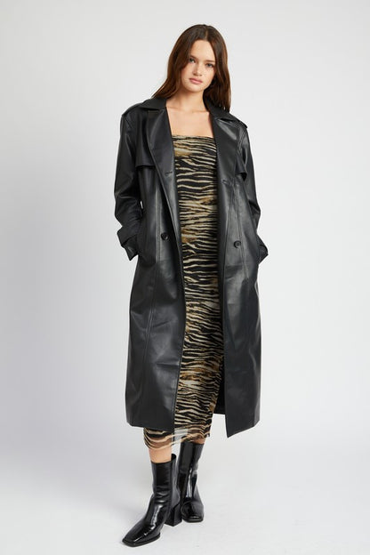 BELTED FAUX LEATHER COAT