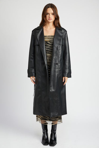 BELTED FAUX LEATHER COAT