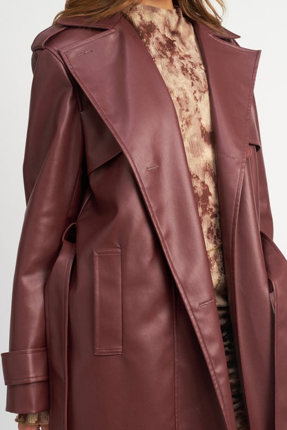 BELTED FAUX LEATHER COAT