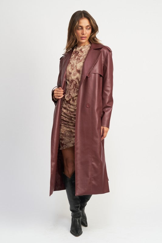 BELTED FAUX LEATHER COAT