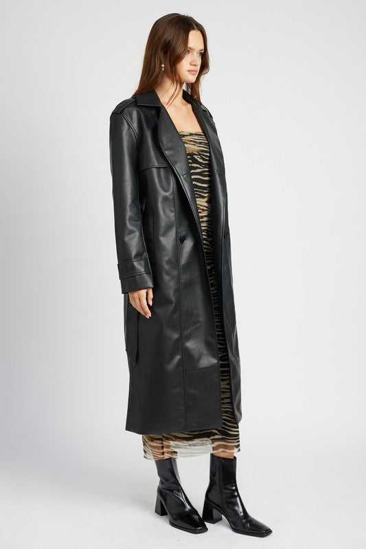 BELTED FAUX LEATHER COAT