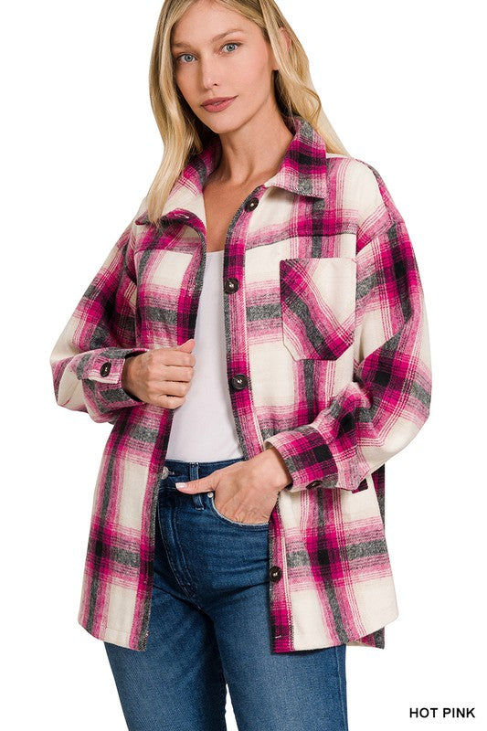 OVERSIZED YARN DYED PLAID LONGLINE SHACKET