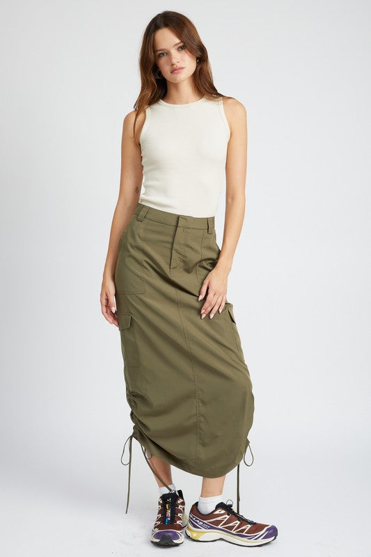 RUCHED MIDI CARGO SKIRT