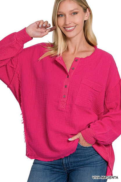 Double Gauze Oversized 3/4 Button Henley Neck Top