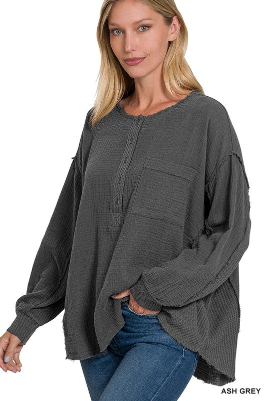 Double Gauze Oversized 3/4 Button Henley Neck Top