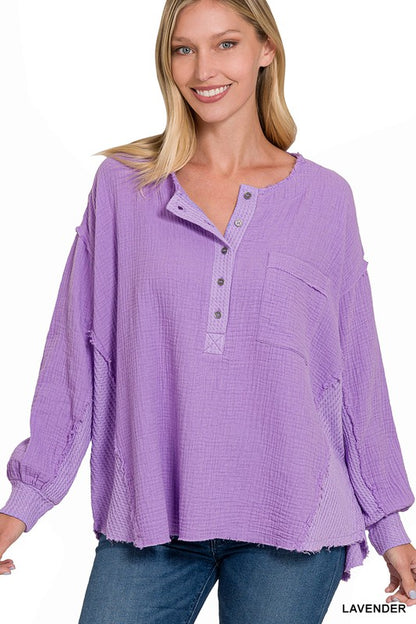 Double Gauze Oversized 3/4 Button Henley Neck Top