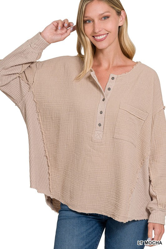 Double Gauze Oversized 3/4 Button Henley Neck Top