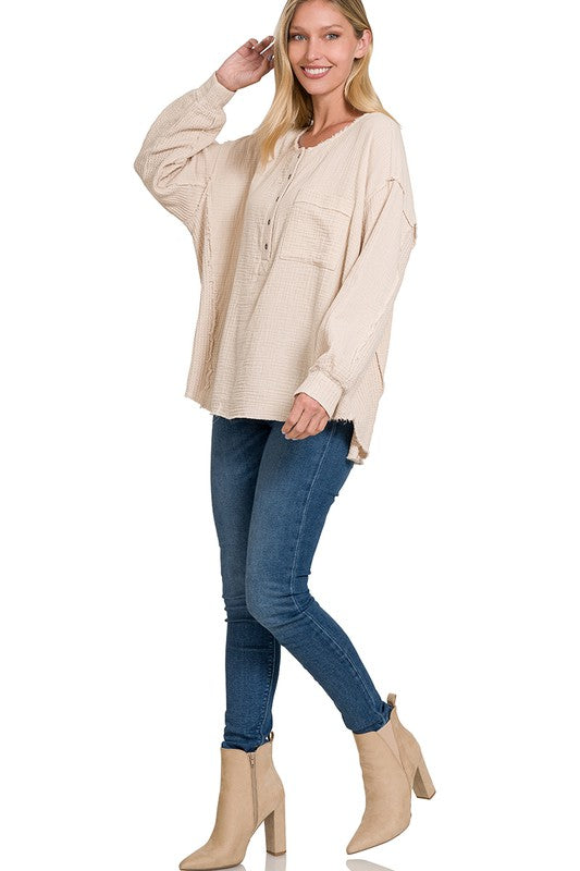 Double Gauze Oversized 3/4 Button Henley Neck Top