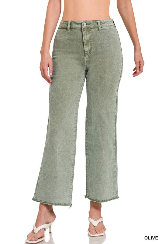 Acid Wash Frayed Cutoff Hem Straight Wide Pants