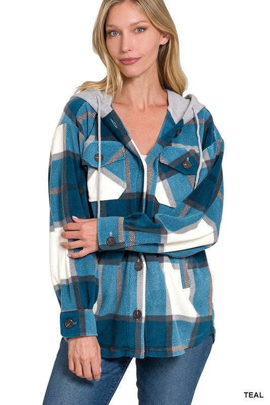 Plaid Drawstring Hooded Fleece Shacket