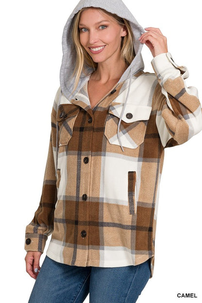 Plaid Drawstring Hooded Fleece Shacket