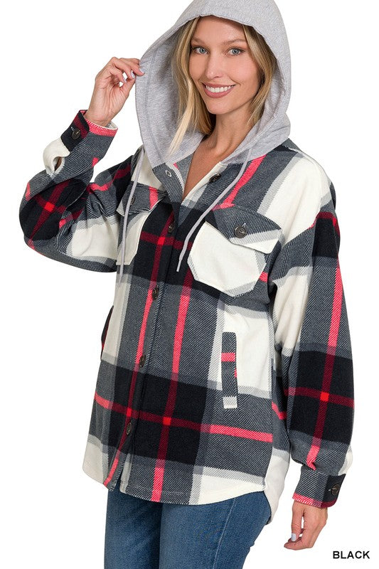 Plaid Drawstring Hooded Fleece Shacket