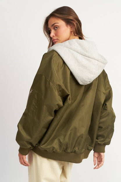 CONTRASTED BOMBER JACKET WITH HOODIE