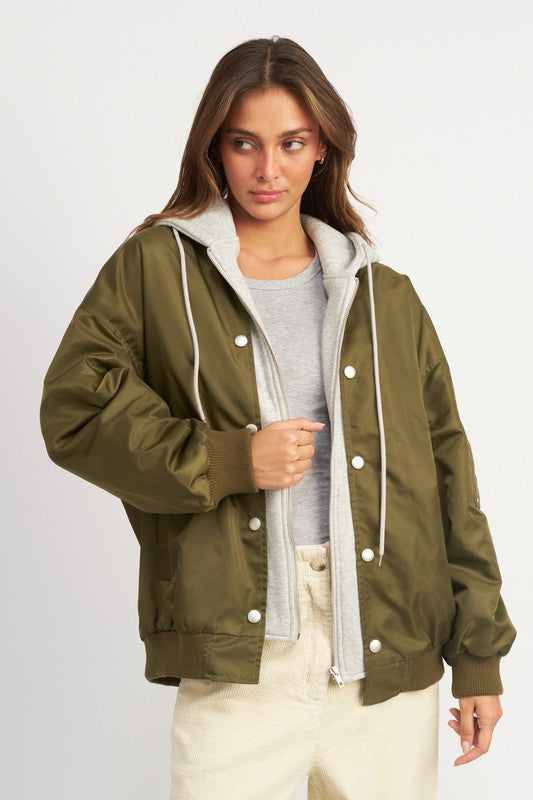 CONTRASTED BOMBER JACKET WITH HOODIE