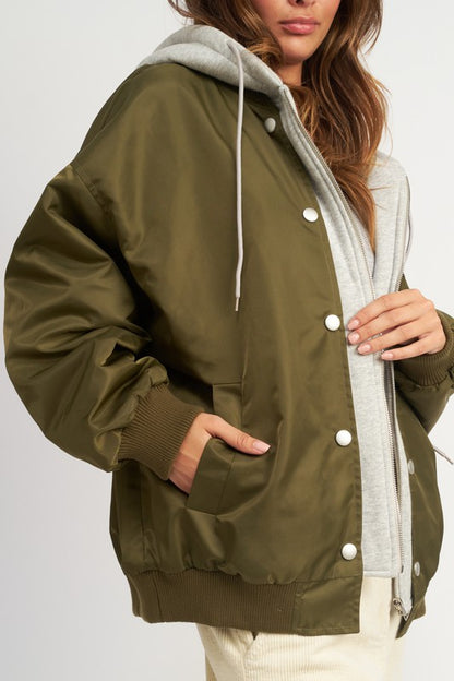 CONTRASTED BOMBER JACKET WITH HOODIE