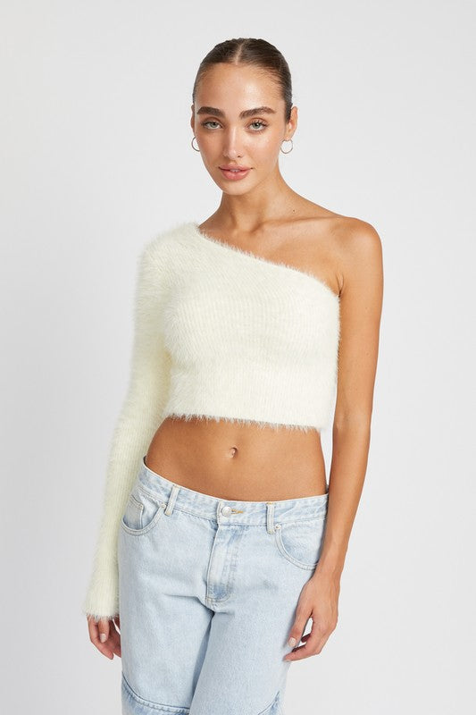 ONE SHOULDER FLUFFY SWEATER TOP