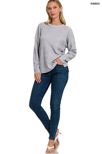 Ribbed Brushed Melange Hacci Sweater with a Pocket