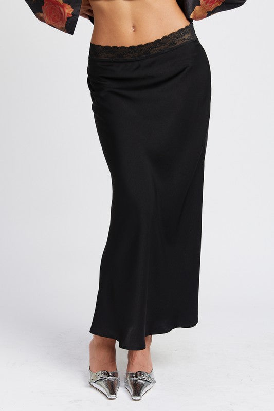 SATIN MIDI SKIRT WITH LACE DETAIL