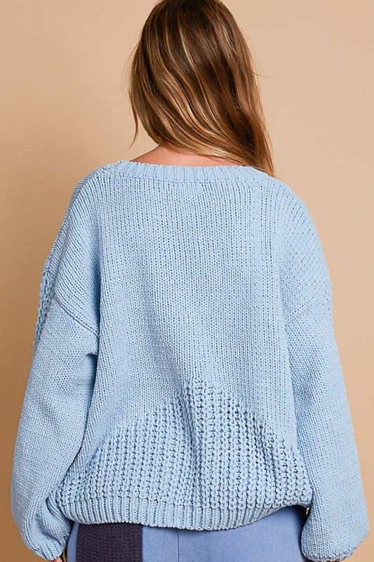 POL Crochet Flower Round Neck Dropped Shoulder Sweater