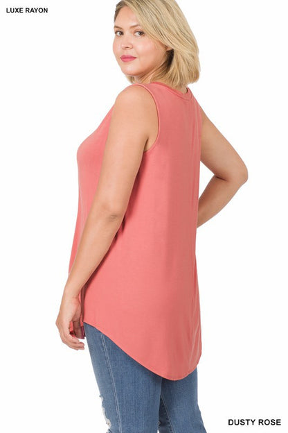 PLUS LUXE RAYON SLEEVELESS V-NECK HI-LOW HEM TOP