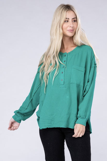 Double Gauze Oversized 3/4 Button Henley Neck Top