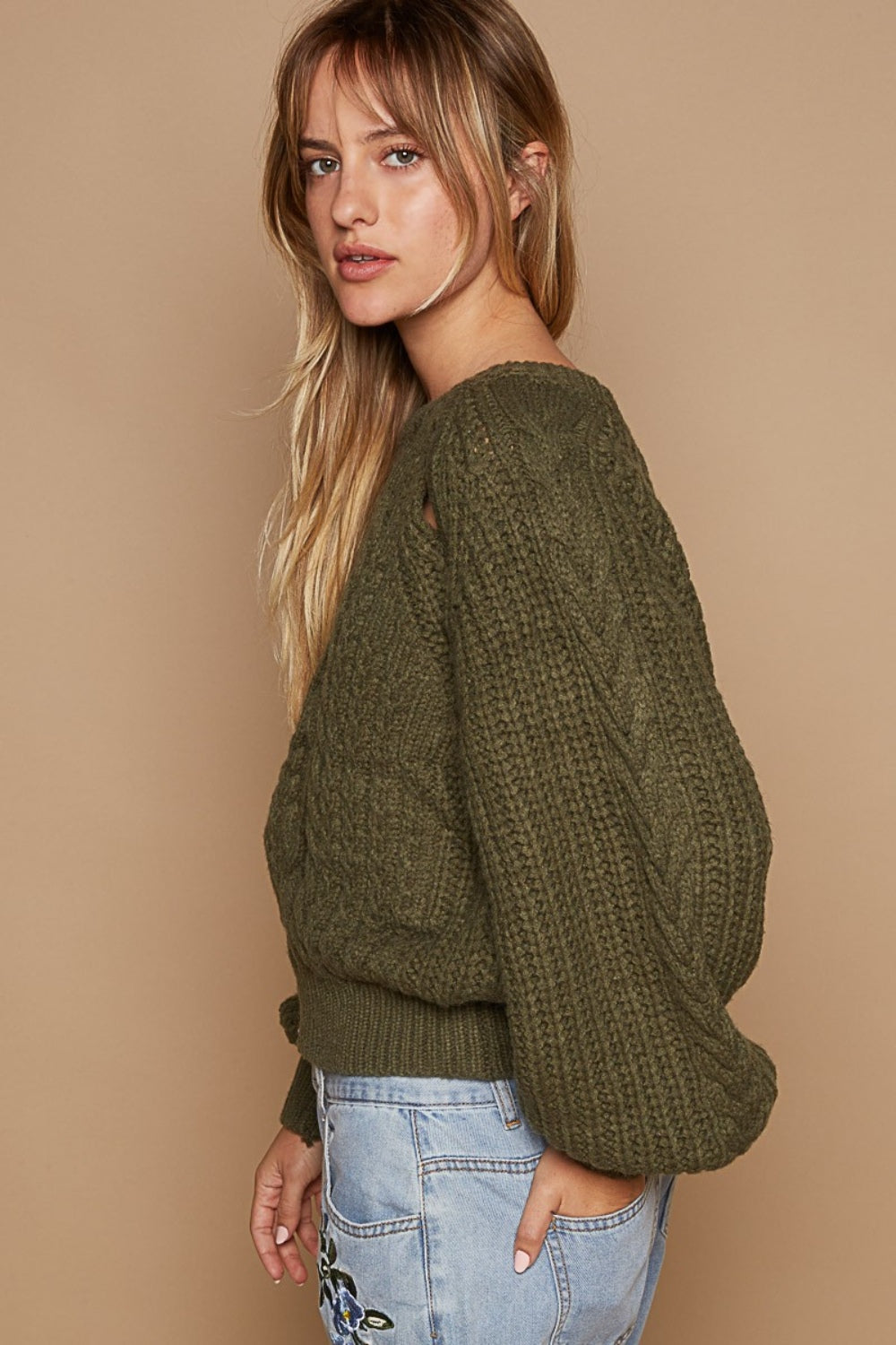 POL Cable Knit Cutout Long Sleeve Sweater