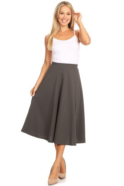 Solid high waisted, A-line, midi skirt