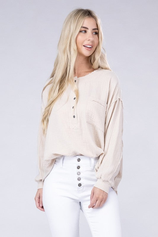 Double Gauze Oversized 3/4 Button Henley Neck Top