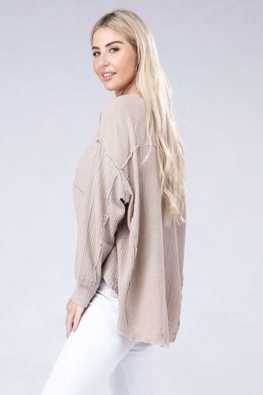 Double Gauze Oversized 3/4 Button Henley Neck Top