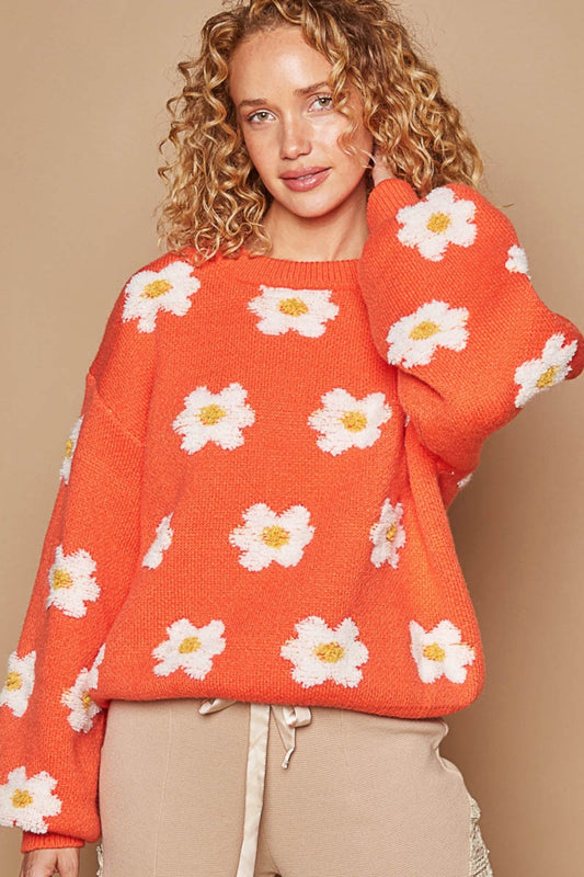 POL Daisy Pattern Drop Shoulder Sweater