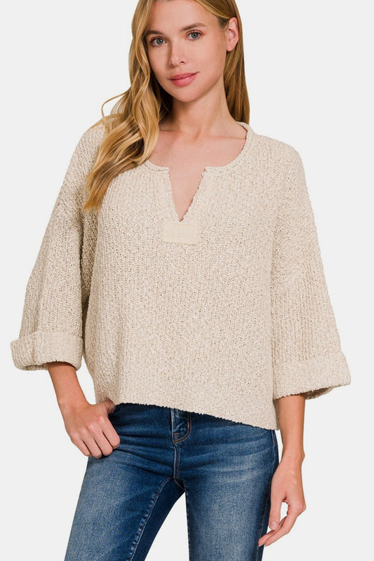 Zenana Notched Side Slit Patch Sweater