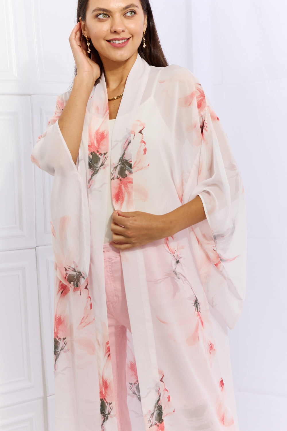 OneTheLand Pick Me Floral Chiffon Kimono Cardigan