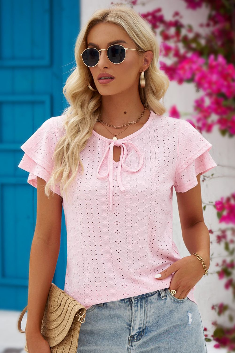 Eyelet Tie-Neck Flutter Sleeve Blouse