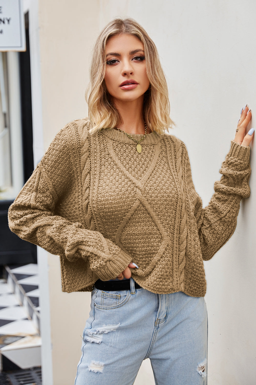 Cable-Knit Round Neck Dropped Shoulder Sweater