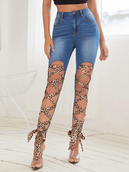 High Waisted Leopard Lace Up Front Skinny Jeans