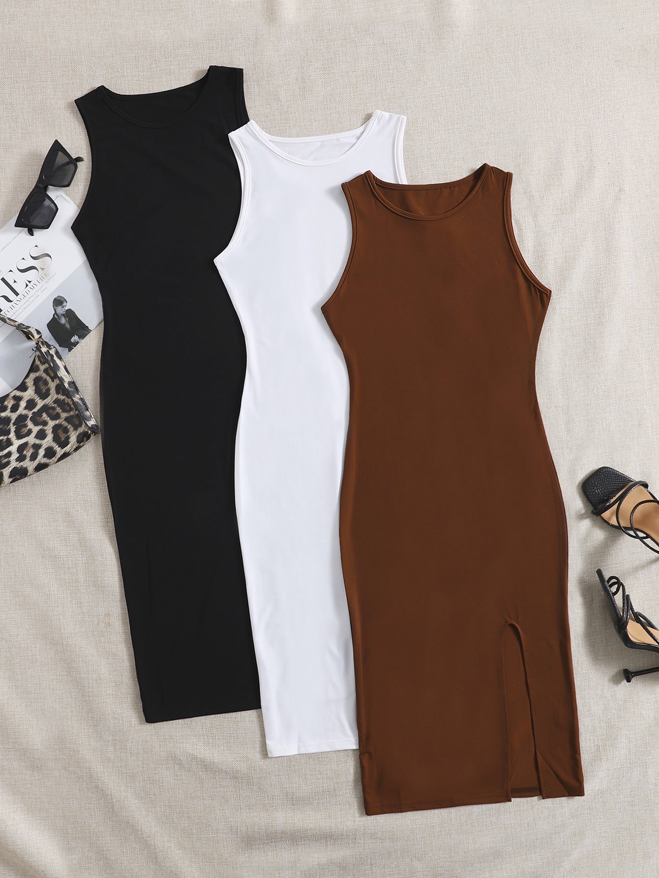 EZwear 3pcs Solid Split Bodycon Dress