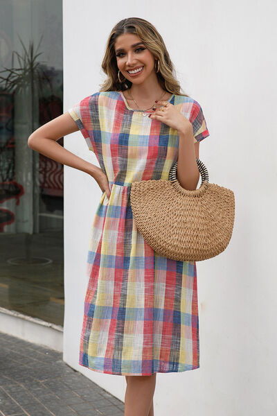 Plaid Round Neck Cap Sleeve Dress