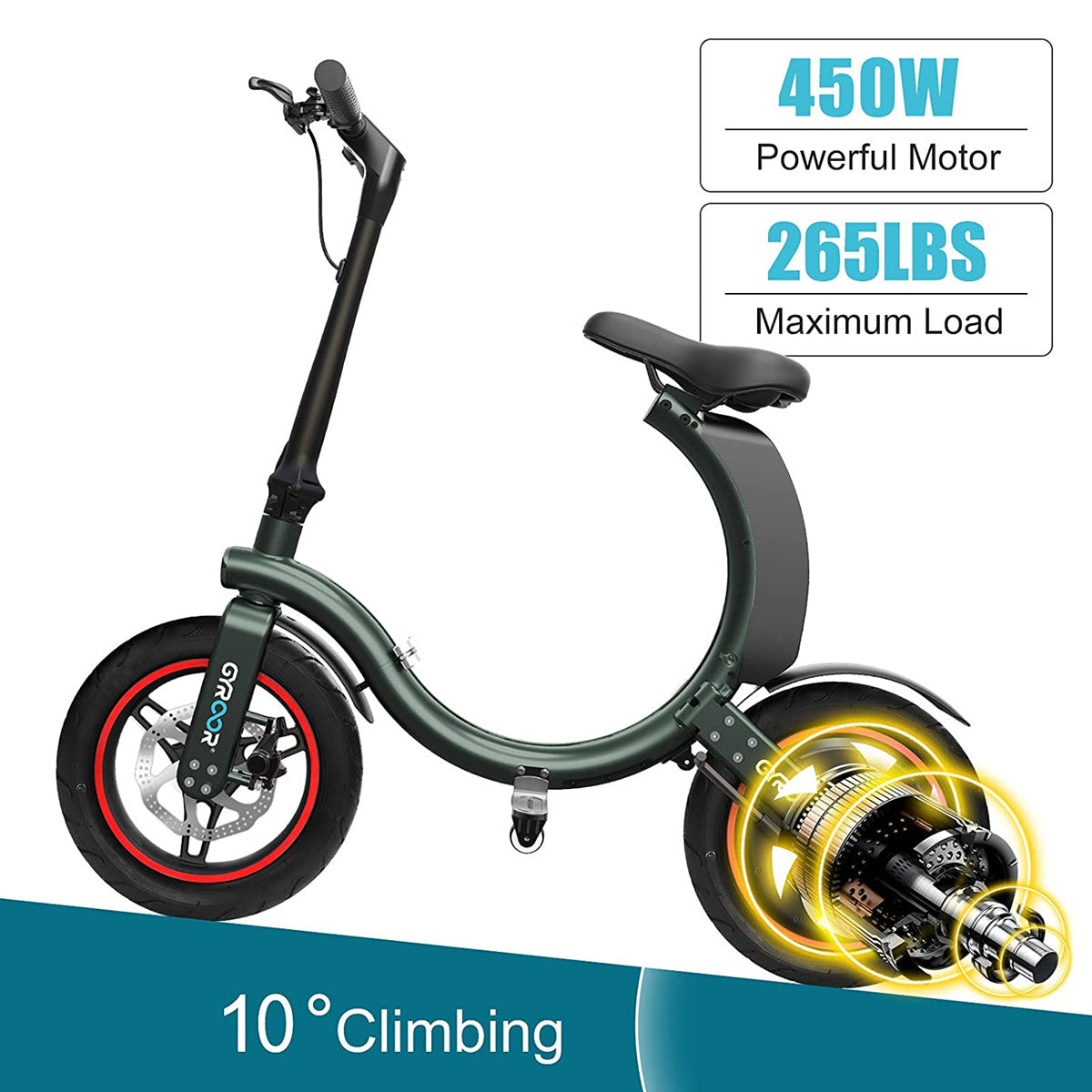 Gyroor Folding Electric Bike for Adults Teens, 450W eBike with 18.6MPH up to 25 Miles Adult Electric Bicycles 14in Tire, Disc and Electronic Brake Mini Bike