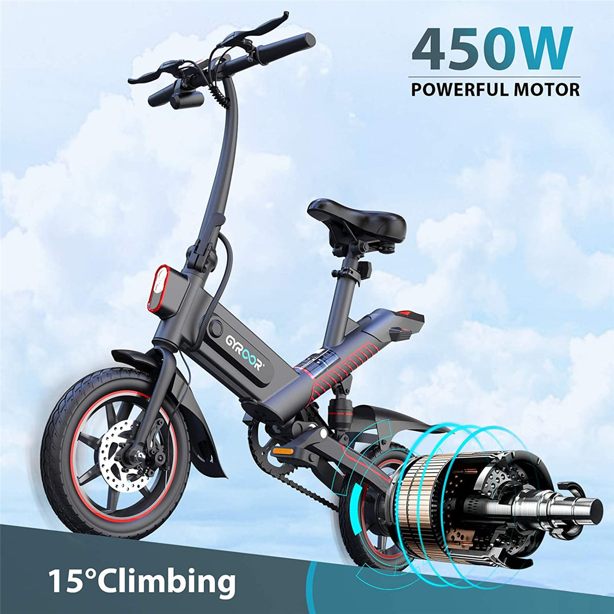 Gyroor C3 Folding Electric Bike for Adults Teens, 450W eBike with 19MPH up to 28 Miles 14in Air-Filled Tires Dual Disc Brakes 3 Riding Modes Adult Electric Bicycles
