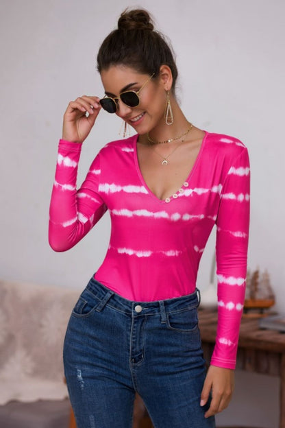 Tie-Dye Plunge Long Sleeve Top