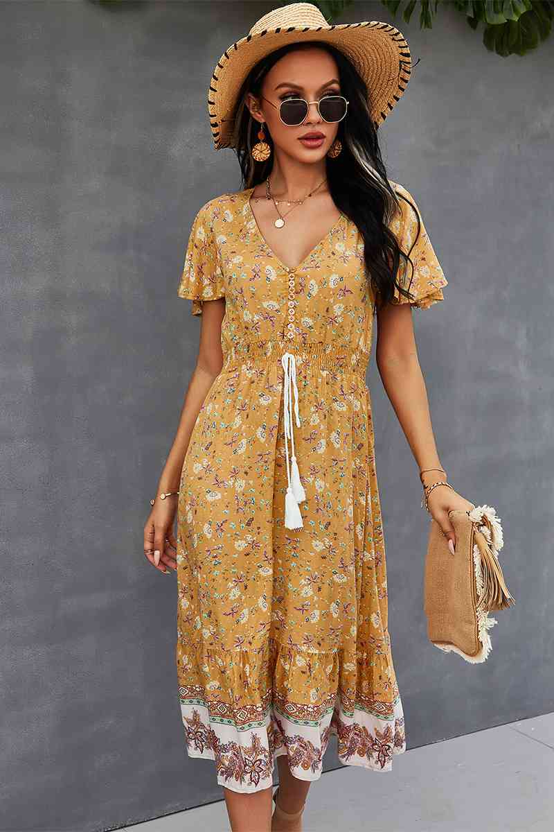 Bohemian V-Neck Flutter Sleeve Dress