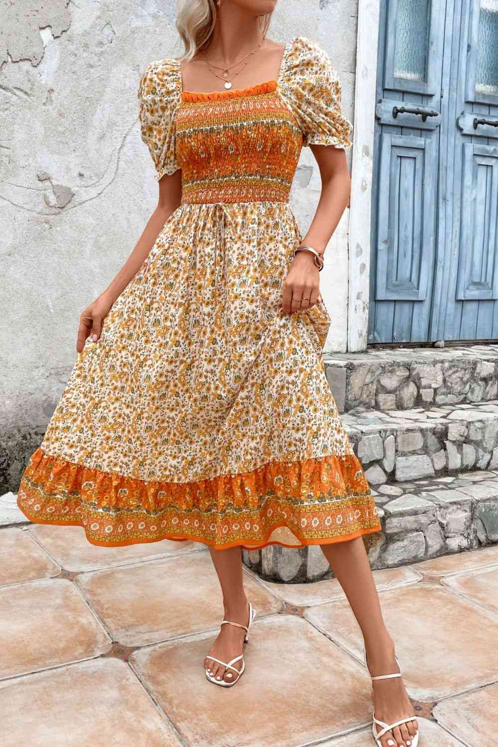 Bohemian Square Neck Puff Sleeve Dress