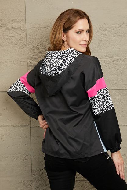 Double Take Leopard Color Block Zip-Up Hooded Jacket