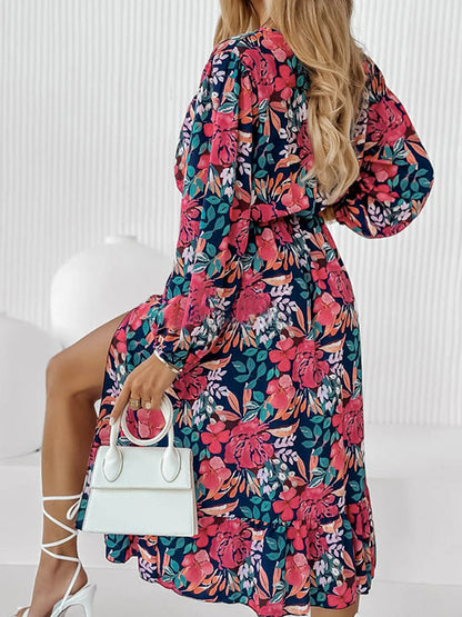 Printed Long Sleeve Slit Dress